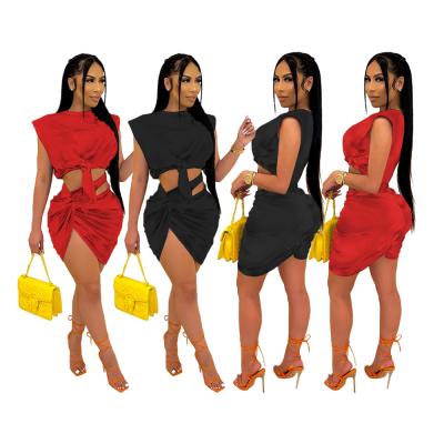 China Hot Sale Breathable Bandage Women Sets Round Neck 2 Piece Mini Skirt Set Sleeveless Two Piece Skirt 2 Piece Set Skirt for sale