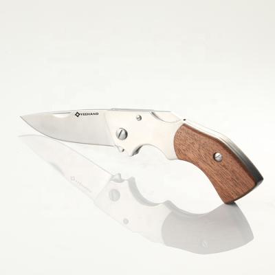 China Wholesale Screw Release Yeehand Damascus Steel Handle Folding Pocket EDC Wood Knife With Leather Sheath for sale