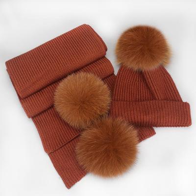 China JOINT Hats With Fox Fur Balls Winter Knitted Hat Scarf Set Mom I Neck Warm Knit Hat Set for sale