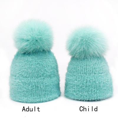 China Warm JOINT Kid Knit Hat Toddler Kids Winter Baby Knit Hat Pom Pom Beanie Soft Faux Mink Knitting Hat for sale