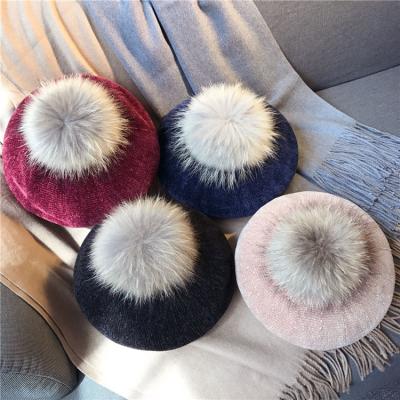 China Big COMMON Raccoon Fur Ball Knit Beanie Velvet Retro Painter Hat Women's Knitted Beret Hats for sale