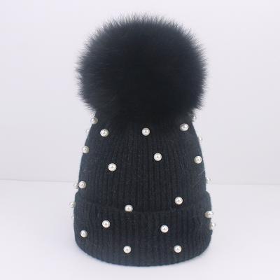 China New JOINT Pearl Hat Knitted Real Fox Ball Beanie Hedging Hats Fashionable Wool Woolen Winter Hats for sale