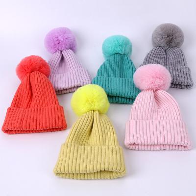 China 2020 Kids Hat Candy COMMON Fashionable Warm Color Knitted Hat For Baby Faux Ball Knit Hats Beanie Child for sale