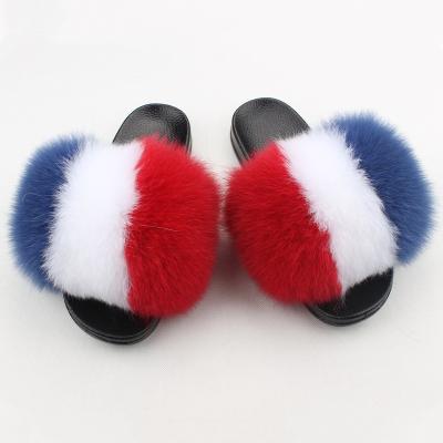 China CUSHIONING Fox 81-118 Real Fur Slides Women Slippers Fashionable Fox Fur Slides Designer Logo Fur Slippers for sale