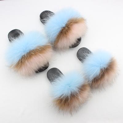 China CUSHIONING Custom Fur Slides 81-118 Big Full Covered Furry Mama And Me Fluffy Fur Slippers Raccoon Fur Slides for sale