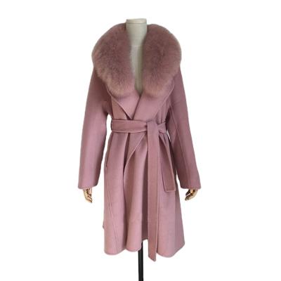 China Fashion Breathable Women Autumn Double-sided Woolen Coat With Belt Fox Fur Collar Long Winter Coats for sale