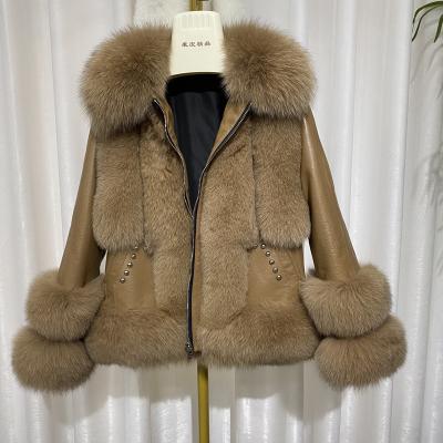 China 2021 High Street Fox Fur Motorcycle Coat Women Real Fox Fur Collar Breathable Sheepskin Jackets For Ladies for sale