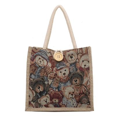 China 100% Printing Eco-Friendly Promotional Eco-Friendly Bear Printing Soft Handle Button Wedding Gift Burlap Burlap Storage Bags for sale