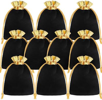 China Factory Custom Safety Velvet Jewelry Bags Candy Gift Packaging Pouch Black Gold Soft Velvet Bags With Drawstrings for sale