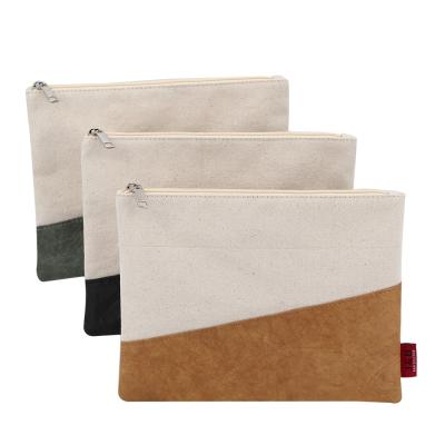 China Eco-friendly reusable dupont tyvek kraft paper splicing canvas make up pouch bag toiletry wash beauty zipper cosmetic bag for sale