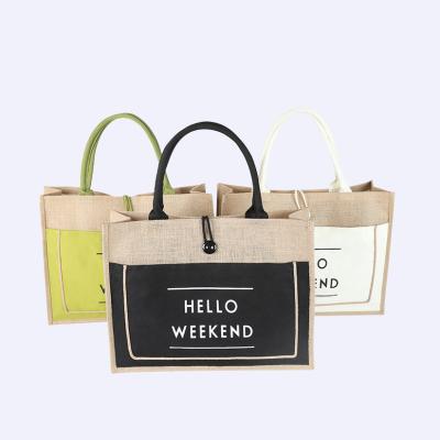 China Low Market Exclusive Wholesale Printed Handled Tote Bag With Canvas Handle Burlap Grocery Bag Burlap Shopping Bag MOQ for sale