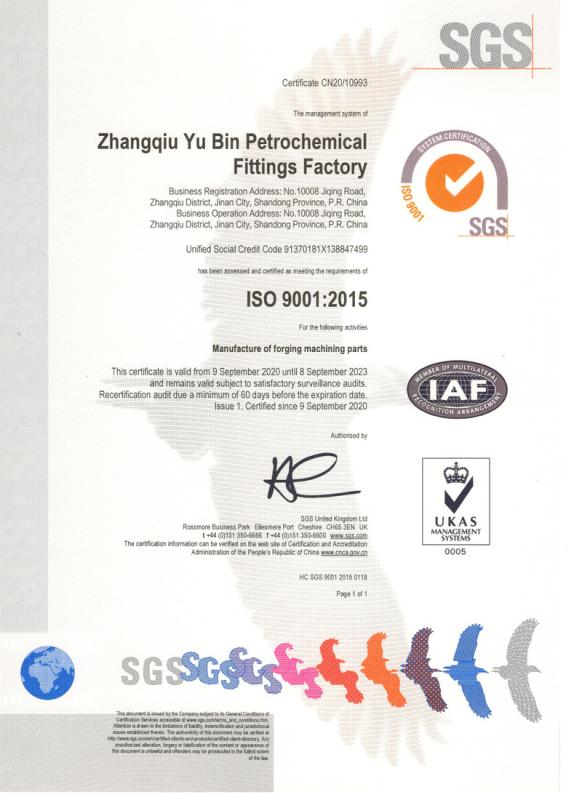 ISO9001 - Zhangqiu Yu Bin Petrochemical Fittings Factory