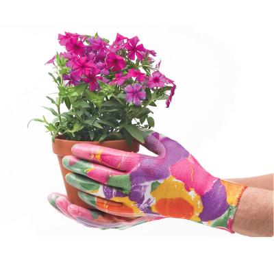 China Women Lady Flower Printed Floral Attractive Nitrile Coated Garden Gloves for sale