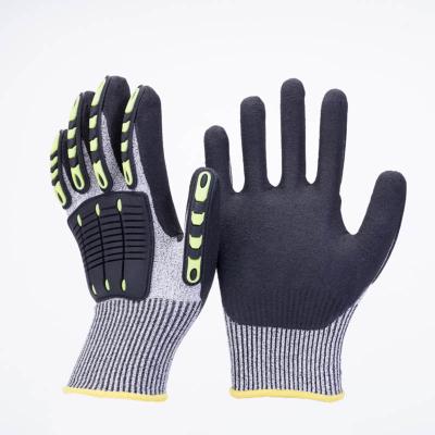 China Cheaper 13G Rubber Gloves Cut Level 5 High Impact Protection TPR Gloves With Vibration Resistant Pads And Palm Dipped Pulling Resistant Glove for sale