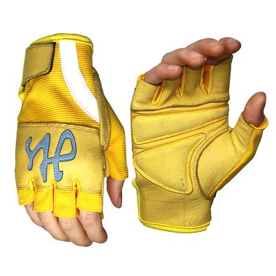 China Cross Training Gloves Yellow To Scare Cross Training Leather Fingerless Palm Padded Gloves Workout Gym Exercise Gloves Weightlifting for sale