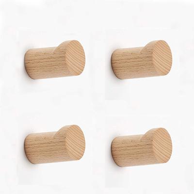 China Modern Simple Hanging Wall Mounted Adhesive Sustainable Pack of 4 Long Dress Bag Hat Bag Natural Coat Hanger Wooden Hooks for sale