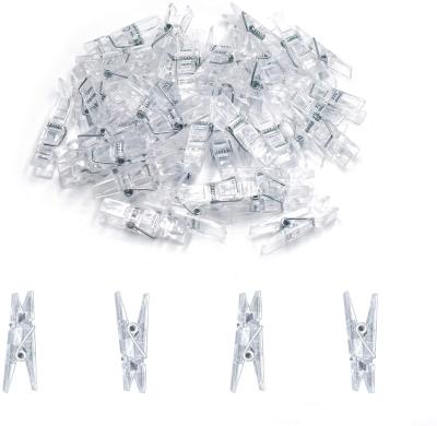 China Durable 100 Pieces Mini Transparent Plastic Clear Clothespins Hanging Light Clamp Photo Binder Clips for sale