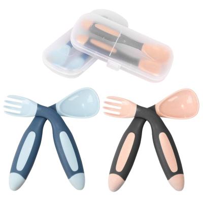 China BPA Free Utensils Travel Case Toddler Self Feeding Children Kids BPA Free Foldable Silicone Baby Fork Spoon for sale