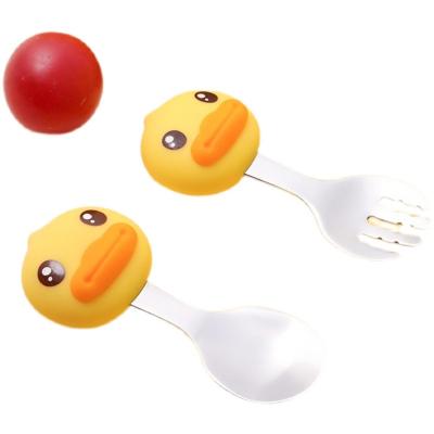 China BPA Free Toddler Utensils Safe Led Weaning Supplies Round Baby Duck Handle Cute BPA Free Pre Spoon, Silicone Baby Fork and Spoon Set Cover for sale