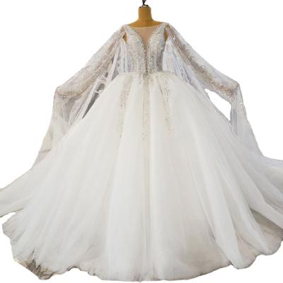 China Breathable Crystal Wholesale Cap Sleeve Big Sleeve Bead Lace Ball Gowns Ball Gown Bridal Heavy Luxury Wedding Bridal for sale