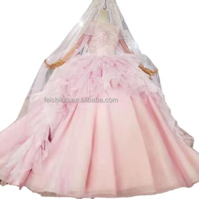 China Aline Ball Gown Long Sleeves Bridal Crystal Bead Lace Wedding Pink Luxury Dry Cleaning Ball Gown For Long Train for sale