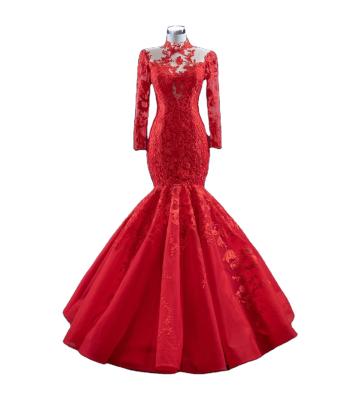 China Breathable Luxury Red Full Sleeves Mermaid Ball Gown Lace Bridal Wedding Dress For Women Ball Gown for sale