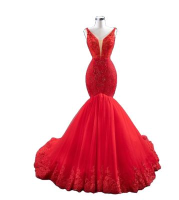 China New Breathable Mermaid Crystal Luxury Bead Red Wedding Dress Bridal Gown V-Neck Wedding Dresses For Women Dress for sale