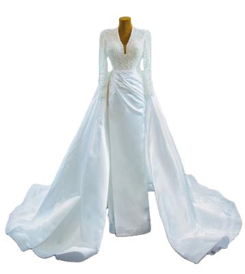 China Wholesale Breathable Luxury Long Sleeve Ball Gown Mermaid Pear Bead Wedding Dress Satin Bridal Gown for sale