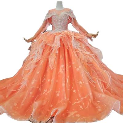 China Aline Long Shoulder Orange Ball Gown Wedding Dress Beading Lace Bead Wedding Dress Luxury Long Bridal Ball Gown Wedding Dress for sale