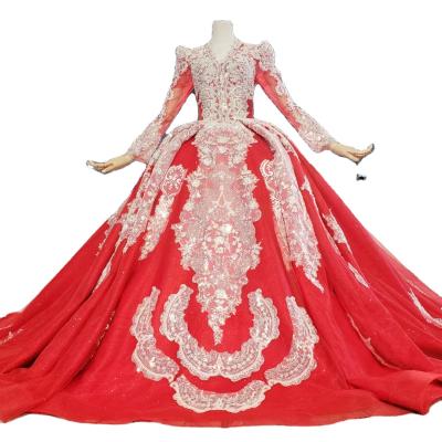 China Wholesale Luxury Bridal Aline Long Shoulder Red Ball Gown Pearl Lace Wedding Dress Cathedral Tail Long Dry Cleaning Dress for sale