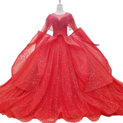 China Wholesale Dry Cleaning Red Ball Gown Line Bridal Ball Gown O-neck Long Shoulder Bead Sparkle Tulle Wedding Dress For Long Train for sale