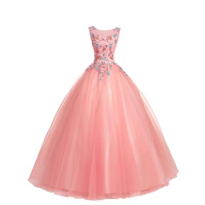 China New Wholesale Breathable Color Pink Flower Decorated Princess Wedding Dress Tulle Bridesmaid Dress Bridal Ball Gown for sale