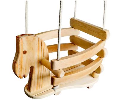 China Cool Shape Animal Toddler DIY Wooden Swing Set Baby Swing With PE Rope Horse Swing for sale