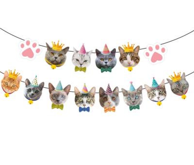 China Amazon Hot Selling Stocked Birthday Happy to Cat Banner Happy Birthday Cartoon Pets Banner Flag for Wall Decorations Cat Cake Flag for sale