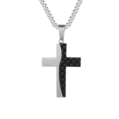 China CLASSIC Customized Irregular Carbon Fiber Inlay Cross Pendant Necklace Chain Jewelry Wholesale For Men for sale