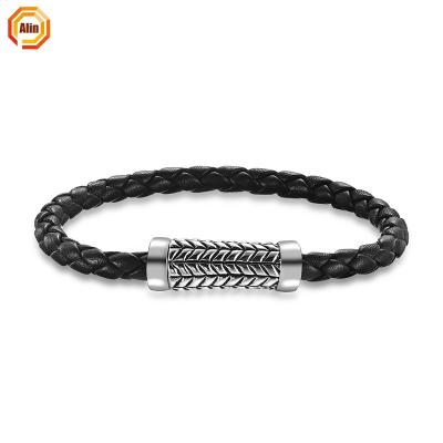 China Punk Black Twisted Stainless Steel Wire Bracelets Jewelry Men's Retro Handmade Braided Leather Bracelet for sale