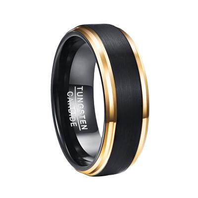 China CLASSIC Comfort Fitted Mens Tungsten Carbide Ring With Gold Plated Stepped Black Brushed Edge for sale