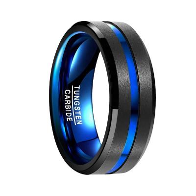 China CLASSIC fashion jewelry rings brushed black tungsten band rings with blue fluted center and blue interior for sale