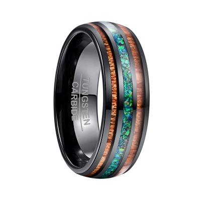 China Black Inlaid Wide 8mm CLASSIC Trendy Plating Acacia Wood and Blue Green Opal Dome Tungsten Steel Ring For Men for sale