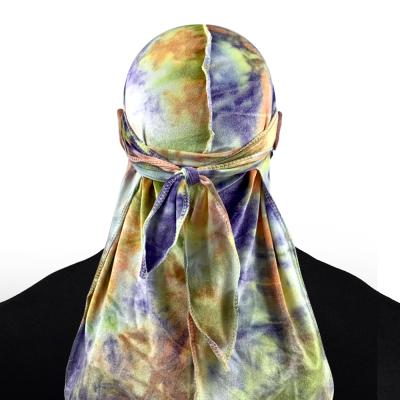 China Hip Hop Designer Durags Link Dye Long Tail Headscarf Durag For Men Wave Cap Head Chain Velvet Durags for sale