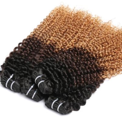 China Ombre 1B/4/27 Color 3 Tone Virgin Curly Brazilian Remy Stock Curl Hair Extension Bundles Kinky Curly Hair for sale