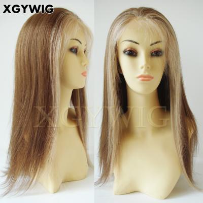 China Brown Glueless 100% Peruvian Silky Straight Virgin Remy Hair Color 6/8/16 Straight Full Lace Human Hair Accented Blonde Wigs for sale