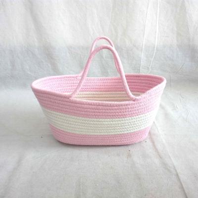 China Cotton Rope Viable Pink Bag With Handles Baby Diaper Holder Nursery Item Storage Woven Rope Basket Storage Bathroom Organizer for sale