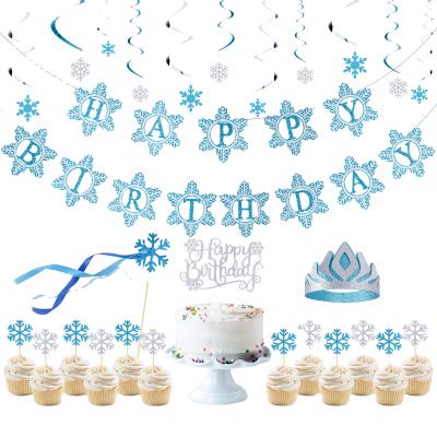 China Best Uncelling Decor Stage Decoration Snowflake Theme Birthday Party Supplies Set Printed Happy Birthday Banner and Cupcake Toppers for sale