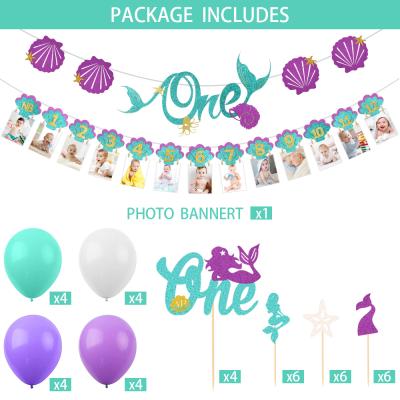 China Wall Decor Mermaid Theme Photo Banner Newborn-12 Month Milestone Starfish Cupcake Monthly Topper With ONE Cake Topper 1st Birthday Decor for sale