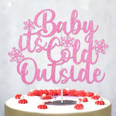 China Pink Glitter Baby Cake Favor It's Cold Outside Cake Topper Winter Theme Baby Shower Party Decoration Birthday Party Cake Favor for sale