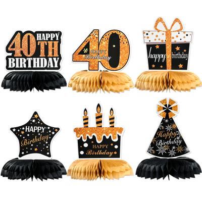 China 6pcs Party Decor Black Gold 40 Birthday Fortieth Birthday Decorative Table Advertisements Honeycomb Centerpieces For Forty Years Birthday for sale