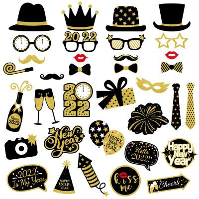 China 35pcs Paper Gold And Black 2022 New Year Party Supplies Photo Booth Props Hello 2022 Party Props Kit For Bar Party Booth Props for sale