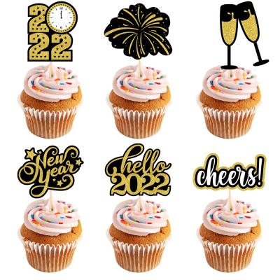 China 6pcs Sparkle Gold Glitter Happy New Year Cupcake Topper Firework 2022 Decorations New Year Party Supplies 2022 Cake and Cheers Card Cake for sale