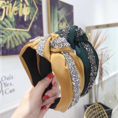 China Medium Girls Autumn Winter Hair Accessories Solid Wide Side Headband Knot Turban Women Rhinestone Hairband Headwear for sale